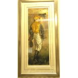 Large Framed and Glazed Print of a Jockey dressed in yellow colours and carrying a saddle, signed