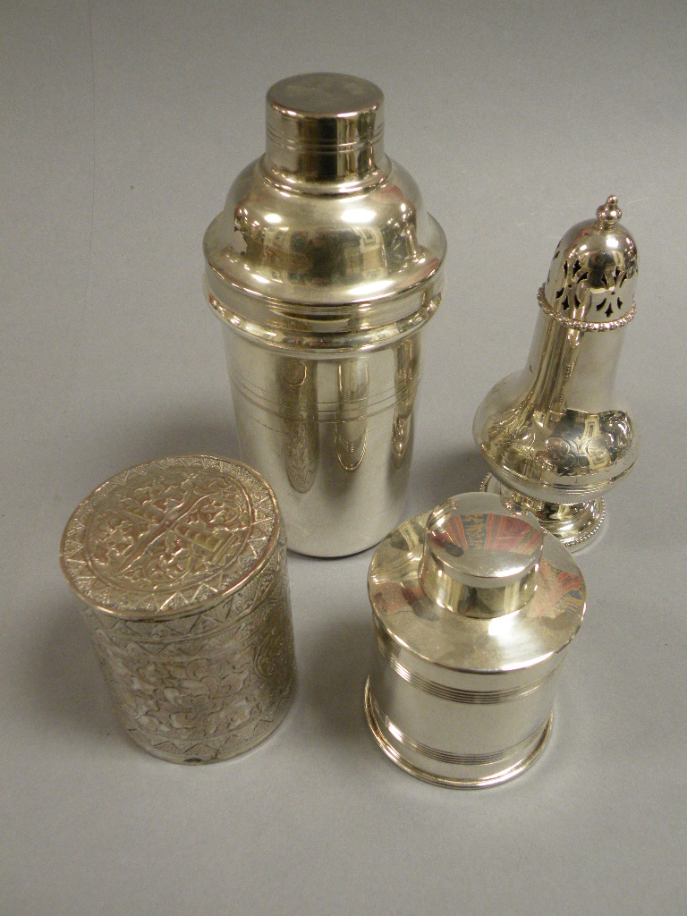 White Metal Cocktail Shaker, Silver Plated Sugar Shaker and Two Silver Plated Tea Caddies
