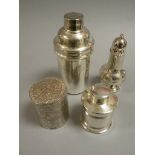 White Metal Cocktail Shaker, Silver Plated Sugar Shaker and Two Silver Plated Tea Caddies