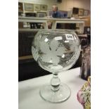 Large Glass Bulbous Goblet with etched grapes and vines decoration