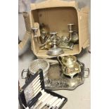 Mixed Lot of Silver Plate including Tray, Three Branch Candelarbra. Coffee & Tea Service,