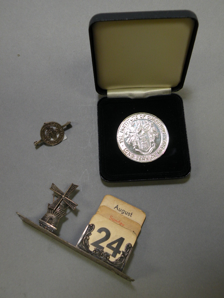 Silver Girl Guides Badge, Cased Silver 'Institute of Quarrying' Medal and a White Metal Windmill
