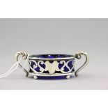 Silver Twin Handled Pierced Edge Salt Cellar with Blue Glass Liner, Chester 1915