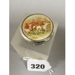 White Metal and Enamelled Pill Box with Hunting Scene to Lid