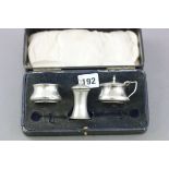 Cased Silver Cruet Set, Salt and Mustard Pot with Blue Glass Liners (Birmingham 1915) together