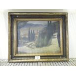 Gilt framed Art Deco period oil painting on board Gubbio near the Upper Gate,