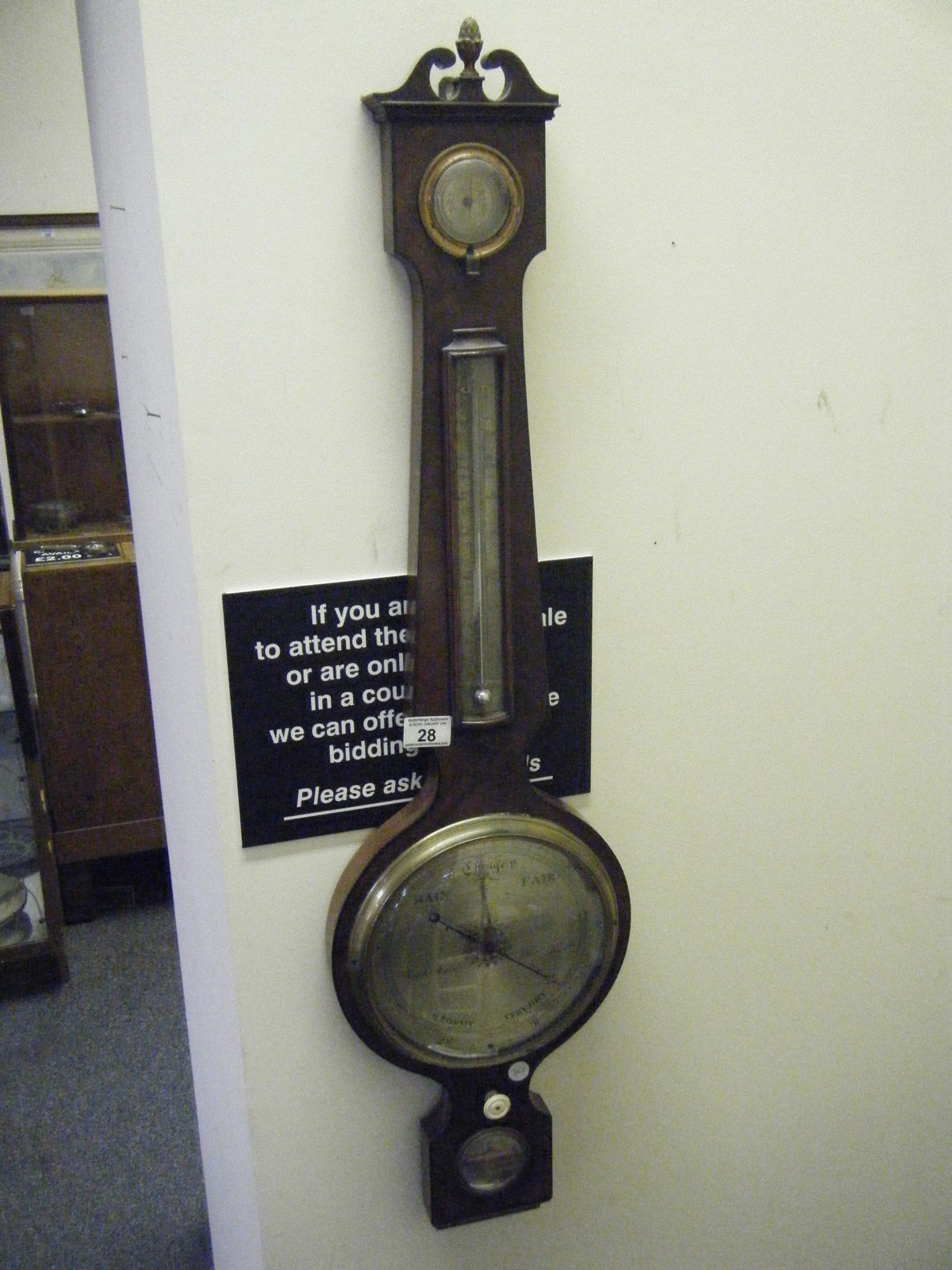 Georgian period Banjo Barometer, mahogany with a selection of 4 apertures to the front, a circular