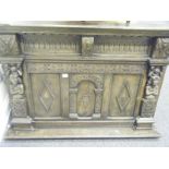 Jacobean style carved overmantle unit, 4'6 long x 3' tall with carved decoration and pattern circa