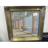 Gilt framed watercolour 12" x 12" Italian Balcony Scene,