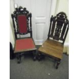 Pair of 19c Jacobean style profusely carved hall chairs each with decorative carved backs, 1 with