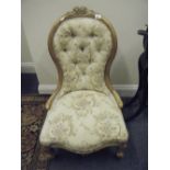 Bleached mahogany mid-19c spoon back chair with classical button backed upholstery,