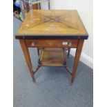 Late 19c Sheraton Revival rosewood Envelope Card Table on tapering supports, united by a galleried