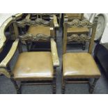 Matching set of 19c Jacobean style profusely carved dining chairs, to include 2 carvers with leather