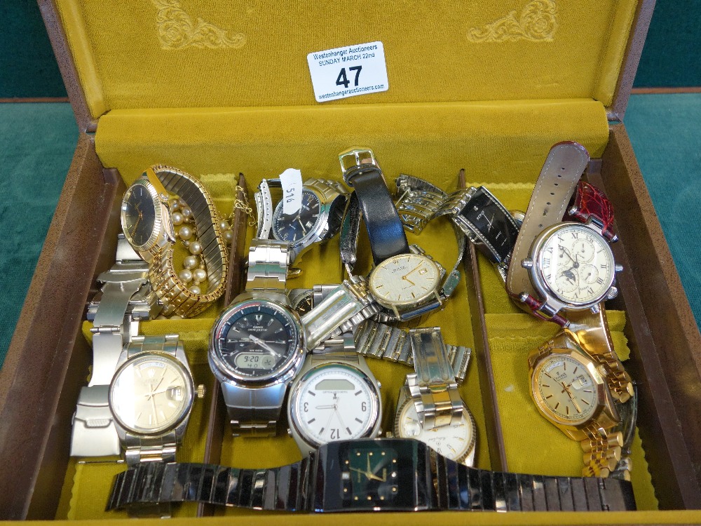 16 assorted Gents watches, including leather and chrome straps, copies of famous watches,