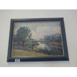 Oil on canvas, Cows by a panoramic river scene
