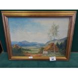 Gilt framed small oil painting on canvas, inscribed to back Newtonmore Inverness, panoramic