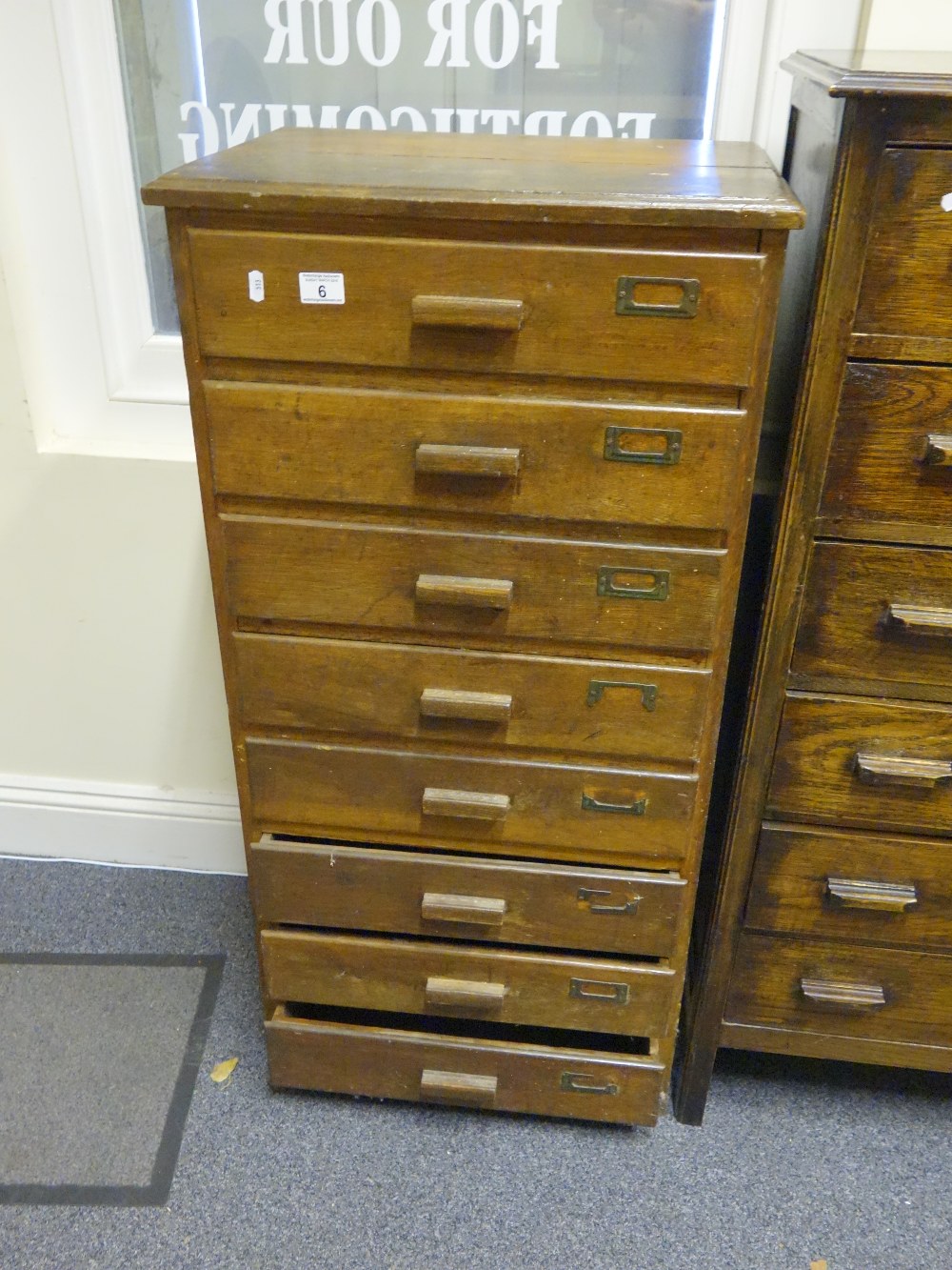 Oak office chest, flight of 8 drawers, 4' tall