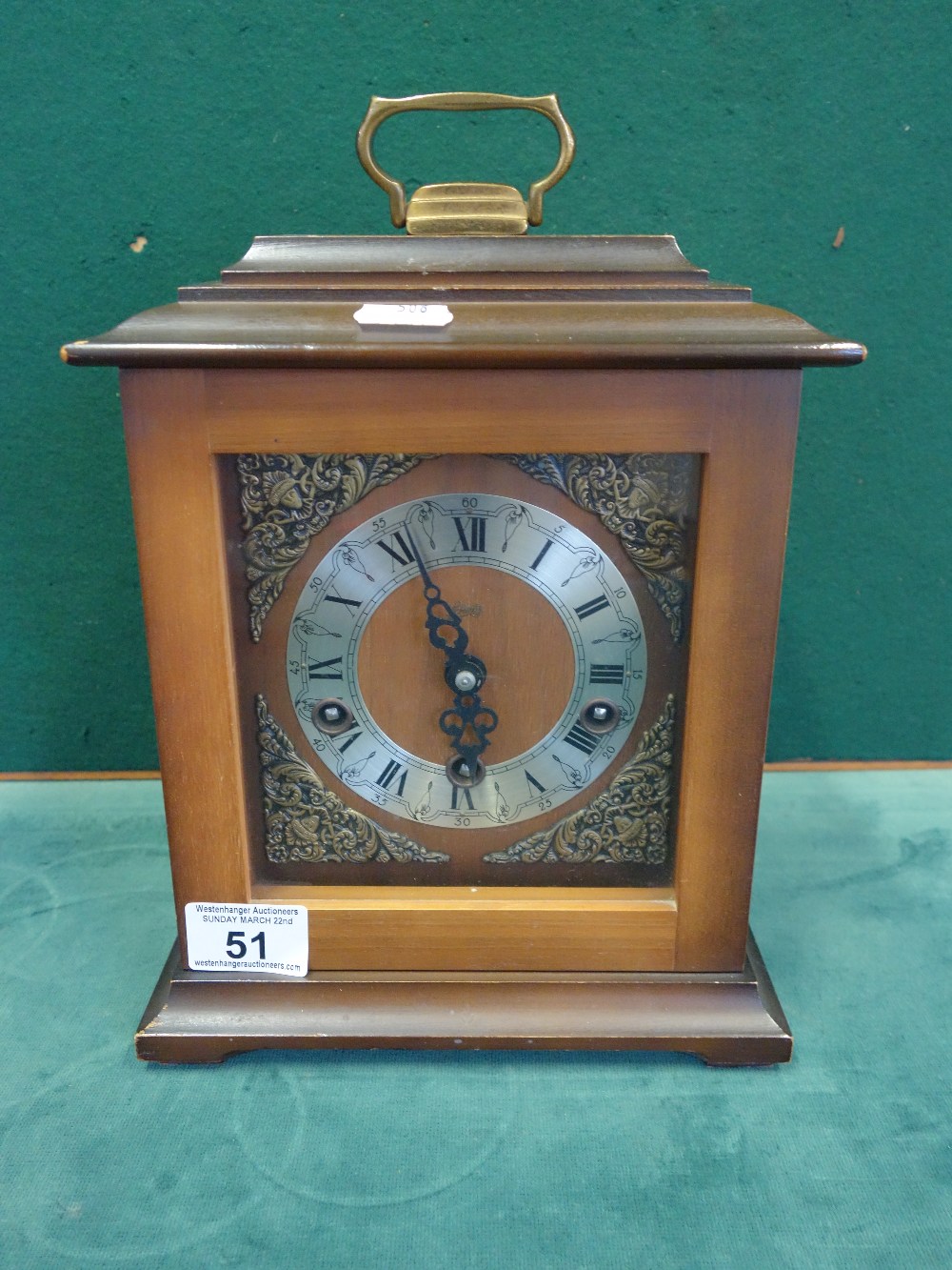 Small bracket clock with a German 8 day movement, chiming on gongs, antique style c1980's