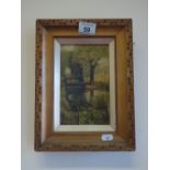 Small gilt framed oil painting on board c1920's 5" x 7" Bank side River Scene with boat