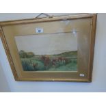 Gilt f/g Edwardian watercolour, panoramic landscape scene monogrammed RR, the picture measures 12" x