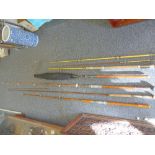 4 x old fishing rods and 1 old fishing umbrella, including split cane reel by Alex Henry & Co of