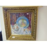 Gilt framed interesting oil painting on canvas depicting Sevres plate, Chinese Vase and playing