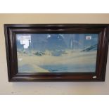 Ebony framed oil painting on canvas, 14" x 24" a picture depicting a Snowy Mountainous scene,