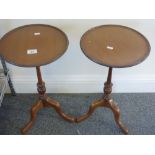 Matching pair of small mahogany wine tables, each table on tripod down swept supports with turned