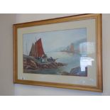 Gilt f/g watercolour signed G Cheel a picture depicting fisher folk landing a catch in a panoramic