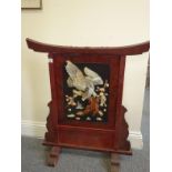 Oriental 1920's soapstone and red lacquered fire screen, 2' tall x 20" wide decorated to the front