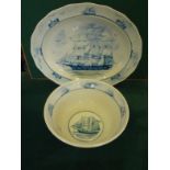 2 x similar period blue and white items, 1 meat platter with a picture of a cutter in full sail,