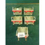 Tin plate Hornby Meccano OO gauge Buffers, 5 sets, grey with red buffers all in very good condition