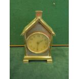 Decorative brass and copper mantle clock modeled as a house, 8 day movement, mechanical wind up