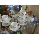 Half a shelf of collectable items including Wedgwood afternoon tea set pattern Mayfield, other names