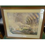 Oak framed coloured print after Jeff Shaw of the Flying Scotsman,