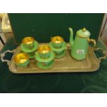 Carltonware green and gild glazed 6 place afternoon coffee set, on a silver plated tray