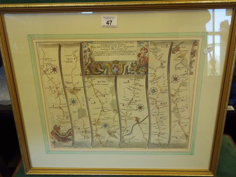 F/g hand coloured Map, London to Hythe, after the original by John Ogilby,