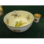 Royal Worcester Evesham pattern, a large fruit bowl/salad bowl, and a similar small jam pot and lid,