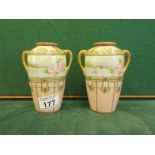 Pair of hand painted Edwardian period Noritaki vases, 5" tall decorated with flowers, and a river