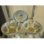 3 x Oriental bowls, 2 x Famille Rose and 1 x blue and white,