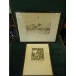 Pair of black and white etchings, flame thrower and Circus Tent