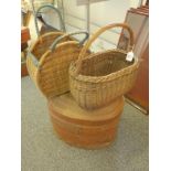 Pair of Vintage wicker shopping baskets, and a tin hat box af