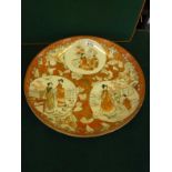 Late 19c Oriental charger, Kutani, the centre section decorated with 3 panels containing Geisha