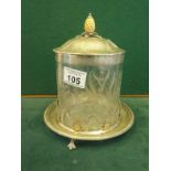 Good quality silver plated biscuit barrel and lid on silver plated stand, the glass centre section