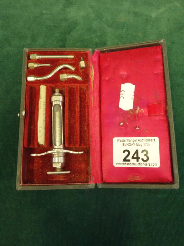 Vintage dentist equipment, syringe holder in original case makers mark JF ? Part complete
