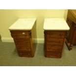 Pair of Side cupboards each with 4 short drawers with bun handles and a marble top