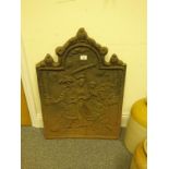 Cast iron fire back decorated to the front with 3 figures in Regency dress, 2' wide x 2'6 high