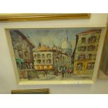Interesting c1950's oil painting on canvas, a Parisian street scene with figures signed Connais, 27"