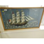 Interesting framed & glazed Diorama of a Cutter in full sail a 3 mast ship set in a naturalistic