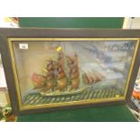 Interesting framed & glazed Diorama of a Cutter in full sail a 3 mast ship set in a naturalistic